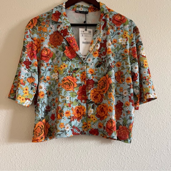 NWT Zara Green Floral Button Down Blouse Retro Top Women's Small Vintage Style - Picture 3 of 7